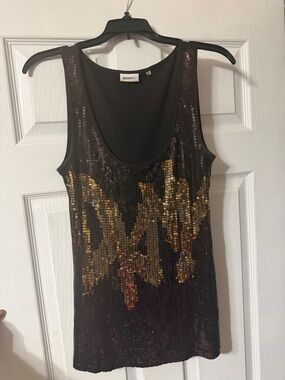 DKNY Black Tank Top with Gold Sequin Flame Detail